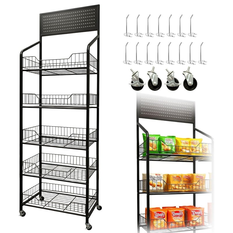 Nerxerx 5 Tier Retail Candy Display Rack Metal Storage Shelf with Wheels & 15 Hooks Concession Candy Snack Display Racks Sturdy and Stable Chip Shelf Rack for Stores, Kitchen, Office (5 Tier Black 50cm) - Image 1